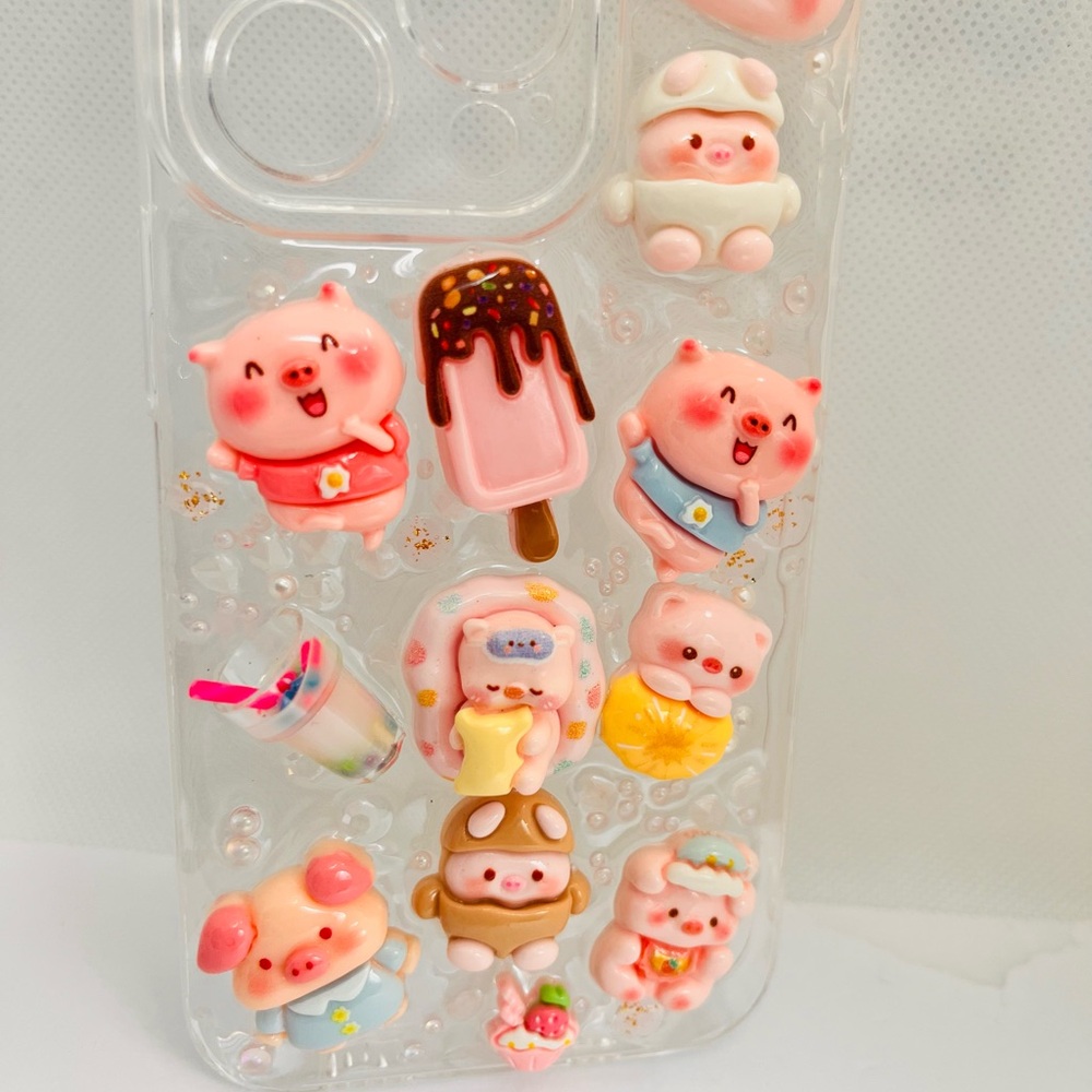 Cute Kawaii Pig 3D Decoden Clear Phone Case - Pink Accents Handmade - Picture 3 of 7